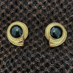 Vintage Christian Dior Gold Tone Black Resin Cabochon Clip-On Earrings
